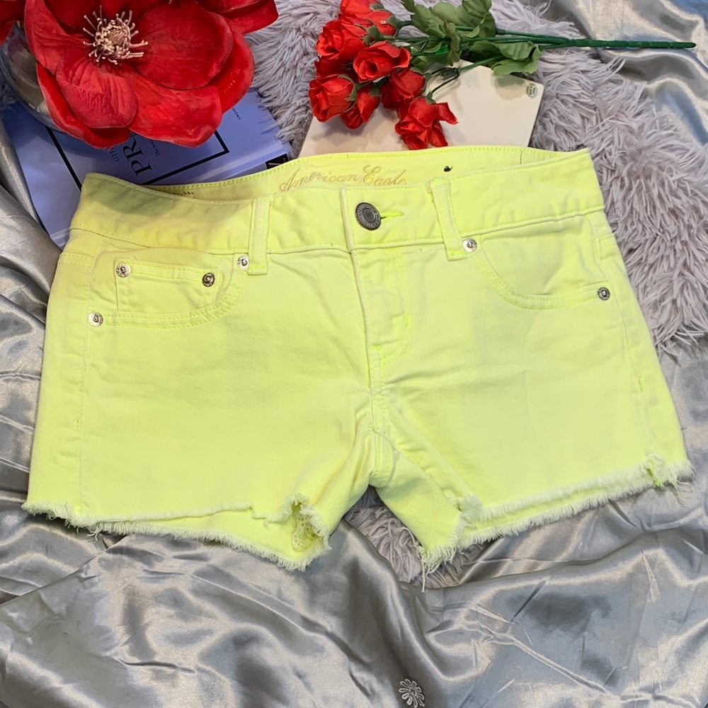 🌹Vintage American Eagle Outfitters Neon Yellow Denim Cutoff Shorts • Y2K